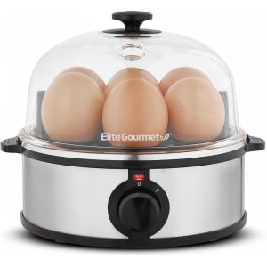 imageElite Gourmet EGC322CW Easy Egg Cooker Electric 7Egg Capacity Soft Medium HardBoiled Egg Cooker with Auto ShutOff Measuring Cup Included BPA Free Classic WhiteStainless Steel