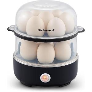 imageElite Gourmet EGC322CW Easy Egg Cooker Electric 7Egg Capacity Soft Medium HardBoiled Egg Cooker with Auto ShutOff Measuring Cup Included BPA Free Classic WhiteBlack