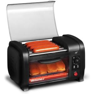 imageElite Gourmet EHD051B Hot Dog Toaster Oven 30Min Timer Stainless Steel Heat Rollers Bake ampamp Crumb Tray World Series Baseball 4 Bun Capacity BlackNEW VERSION