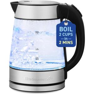 imageElite Gourmet EKT602 Electric BPAFree Glass Kettle Cordless 360 Base Stylish Blue LED Interior Handy Auto ShutOff Function  Quickly Boil Water For Tea ampamp MoreStainless SteelGlass