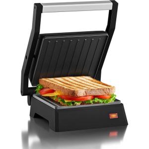 imageElite Gourmet EPN2976 2in1 Nonstick Panini Press ampamp Indoor Grill Opens 180Degree Gourmet Sandwich Maker Floating Hinge Fits All Foods Contact Grill with Removable Grease Tray Stainless SteelBlack