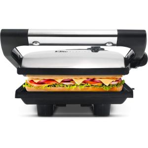 imageElite Gourmet EPN2976 2in1 Nonstick Panini Press ampamp Indoor Grill Opens 180Degree Gourmet Sandwich Maker Floating Hinge Fits All Foods Contact Grill with Removable Grease TrayStainless Steel