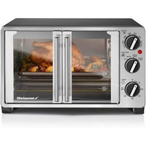 imageElite Gourmet ETO4510B French Door 475Qt 18Slice Convection Oven 4Control Knobs Bake Broil Toast Rotisserie Keep Warm Includes 2 x 14quot Pizza Racks Stainless SteelStainless Steel and Black