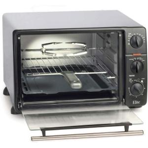 imageElite Gourmet ETO4510B French Door 475Qt 18Slice Convection Oven 4Control Knobs Bake Broil Toast Rotisserie Keep Warm Includes 2 x 14quot Pizza Racks Stainless SteelStainless Steel