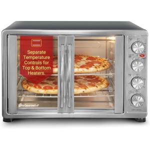 imageElite Gourmet ETO4510M French Door 475Qt 18Slice Convection Oven 4Control Knobs Bake Broil Toast Rotisserie Keep Warm Includes 2 x 12quot Pizza Racks Stainless Steel18Slice  45L