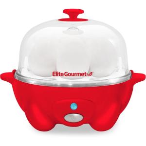 imageElite Gourmet Easy Electric 7 Egg Capacity Cooker Poacher Omelet Maker Scrambled Soft Medium Hard Boiled with Auto ShutOff and Buzzer BPA FreeRed