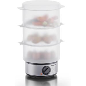imageElite Gourmet MaxiMatic Electric Food Vegetable Steamer with BPAFree 3 Tier Stackable Nested Basket Trays Auto Shutoff 60min Timer 800W 9 Quart Stainless Steel75 Quart