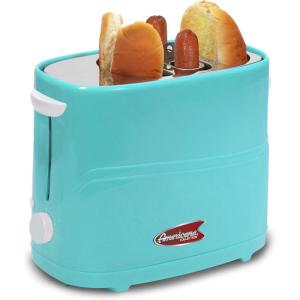 imageElite by Americana ECT542R Retro PopUp Hot Dog and Bun Toaster Cooker Machine with Tongs Heat Veggie Links Kosher Beef Turkey Sausages Bratwurst 2 Slice RedRed