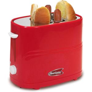 imageElite by Americana ECT542R Retro PopUp Hot Dog and Bun Toaster Cooker Machine with Tongs Heat Veggie Links Kosher Beef Turkey Sausages Bratwurst 2 Slice RedBlue