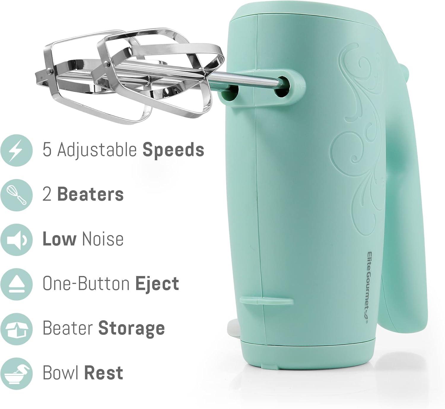 imageElite Gourmet EHM003M MaxiMatic Ultra Power Electric 5Speed Kitchen Hand Mixer with 2 Extra Wide Stainless Steel Smooth Creamy Whipped Mixtures Plus Convenient Beater Storage Mint BlueMint