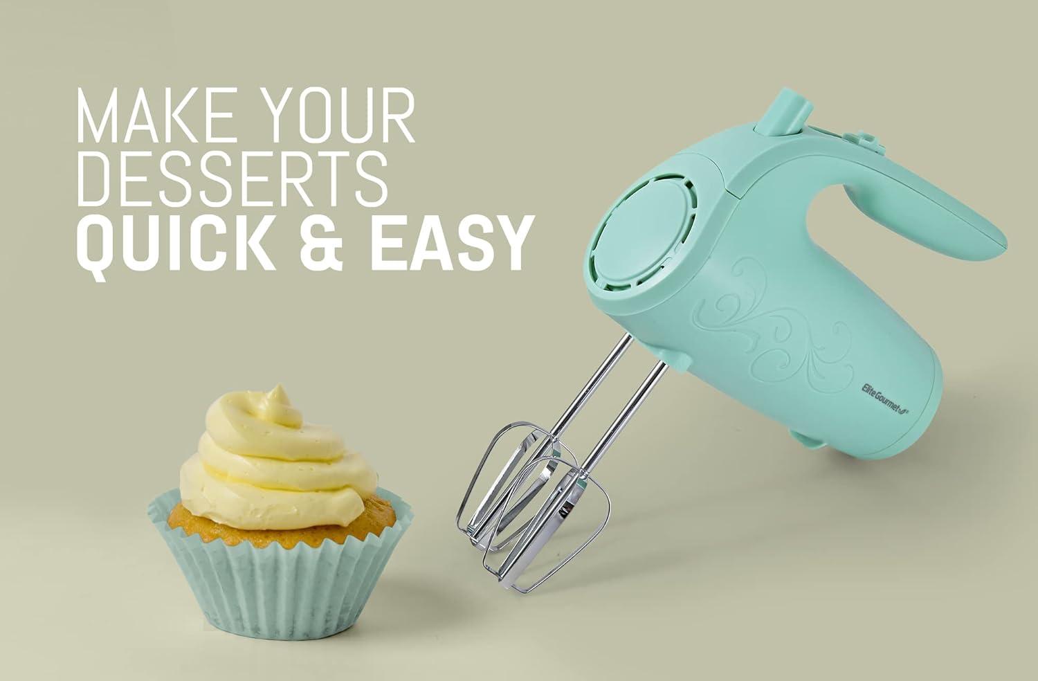 imageElite Gourmet EHM003M MaxiMatic Ultra Power Electric 5Speed Kitchen Hand Mixer with 2 Extra Wide Stainless Steel Smooth Creamy Whipped Mixtures Plus Convenient Beater Storage Mint BlueMint