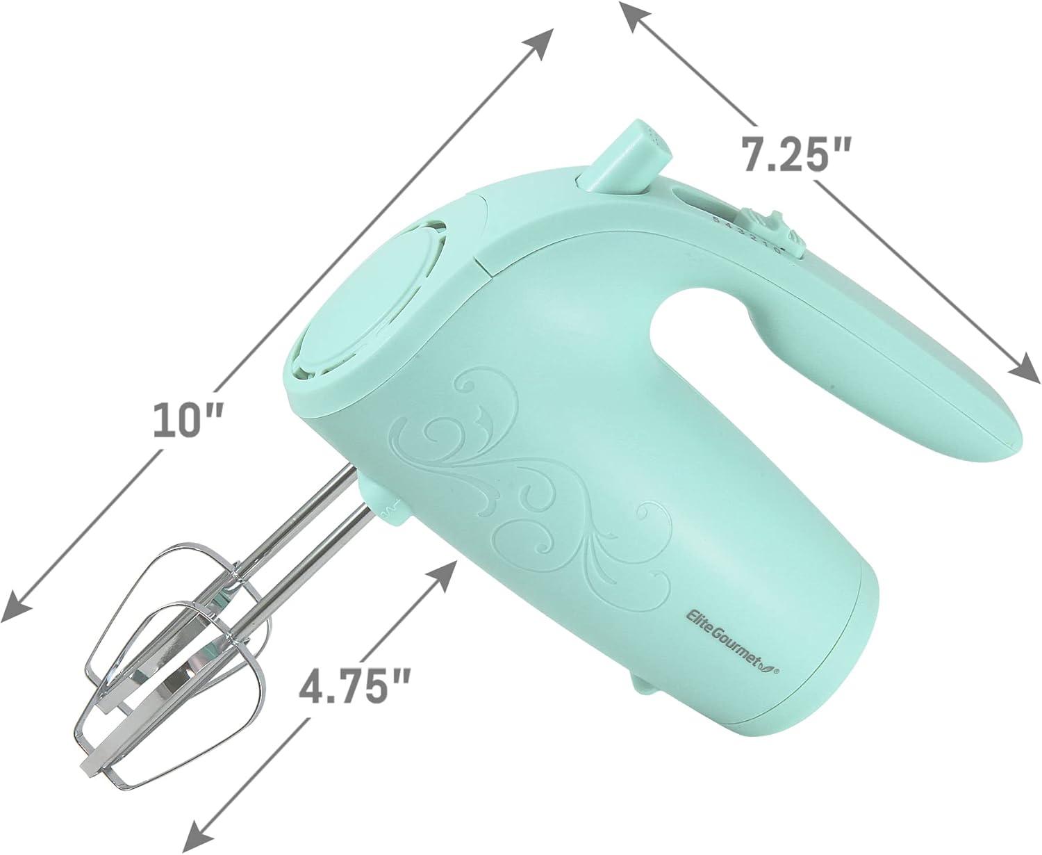 imageElite Gourmet EHM003M MaxiMatic Ultra Power Electric 5Speed Kitchen Hand Mixer with 2 Extra Wide Stainless Steel Smooth Creamy Whipped Mixtures Plus Convenient Beater Storage Mint BlueMint