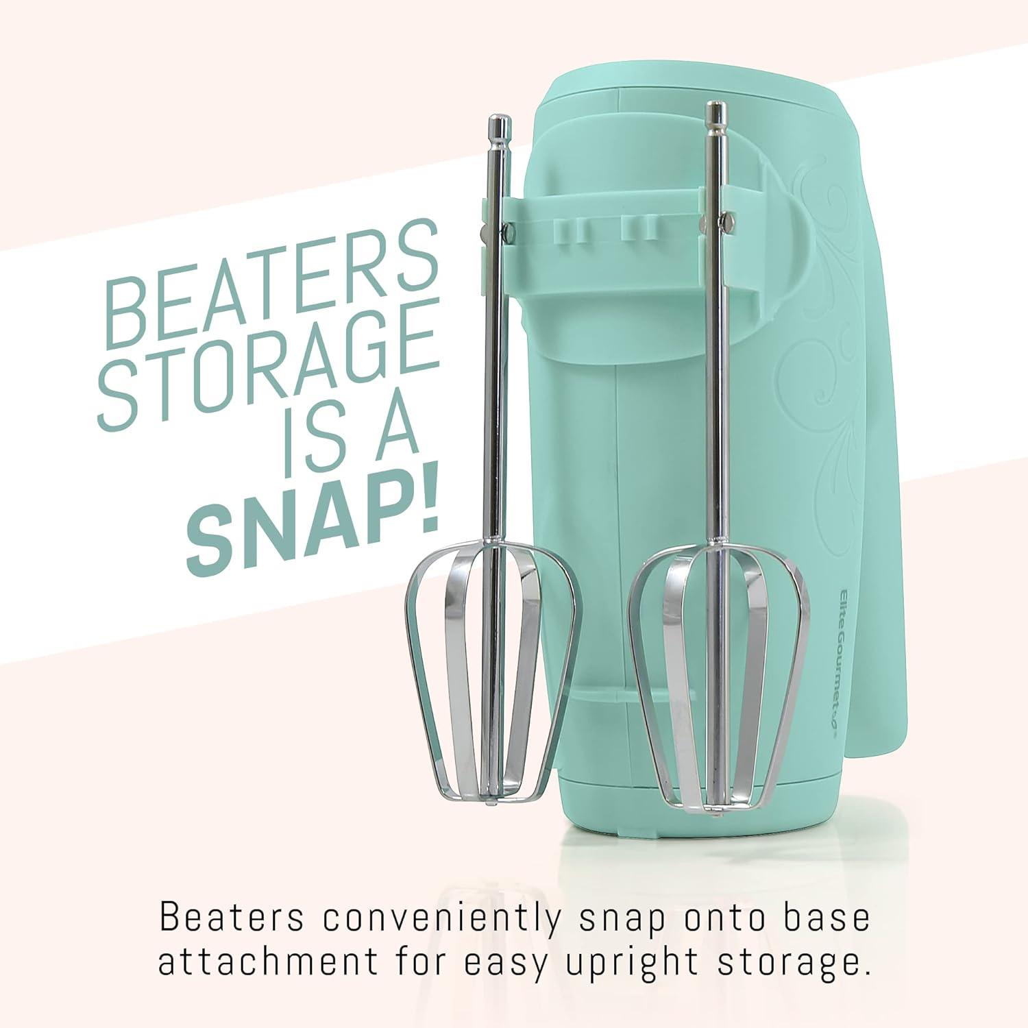 imageElite Gourmet EHM003M MaxiMatic Ultra Power Electric 5Speed Kitchen Hand Mixer with 2 Extra Wide Stainless Steel Smooth Creamy Whipped Mixtures Plus Convenient Beater Storage Mint BlueMint