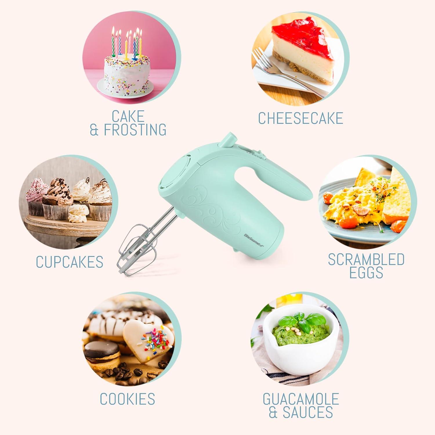 imageElite Gourmet EHM003M MaxiMatic Ultra Power Electric 5Speed Kitchen Hand Mixer with 2 Extra Wide Stainless Steel Smooth Creamy Whipped Mixtures Plus Convenient Beater Storage Mint BlueMint