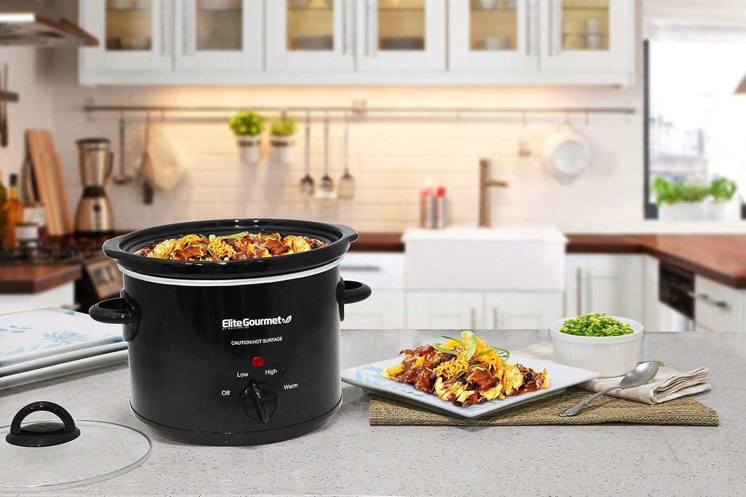 imageElite Gourmet MST350B Electric Slow Cooker Adjustable Temp Entrees Sauces Stews ampamp Dips Dishwasher Safe Glass Lid ampamp Crock 3 Quart BlackBlack