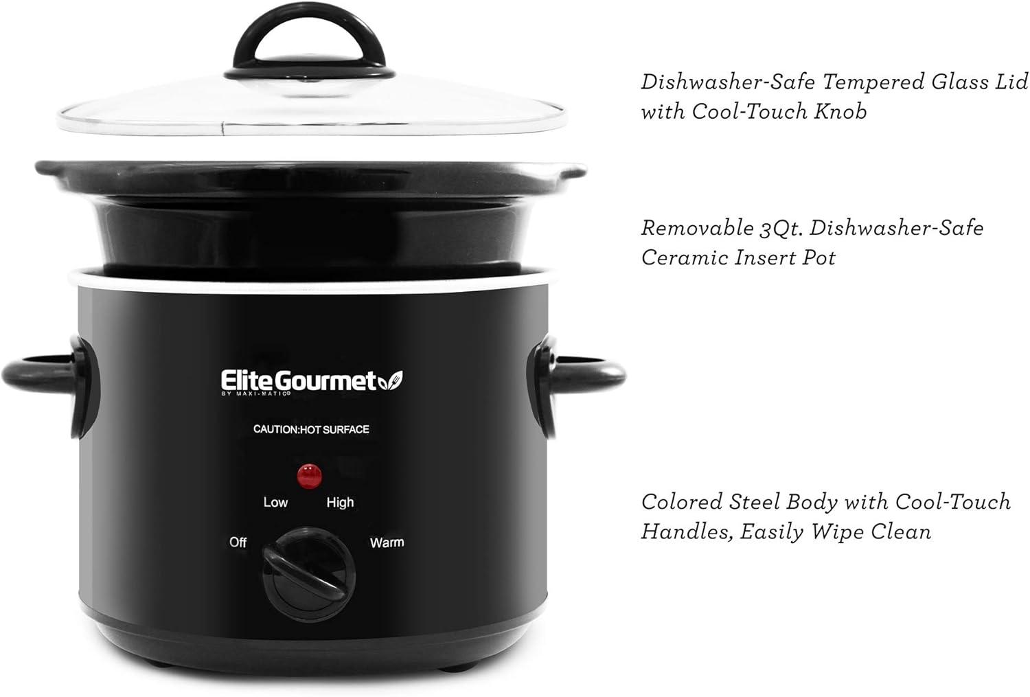 imageElite Gourmet MST350B Electric Slow Cooker Adjustable Temp Entrees Sauces Stews ampamp Dips Dishwasher Safe Glass Lid ampamp Crock 3 Quart BlackBlack