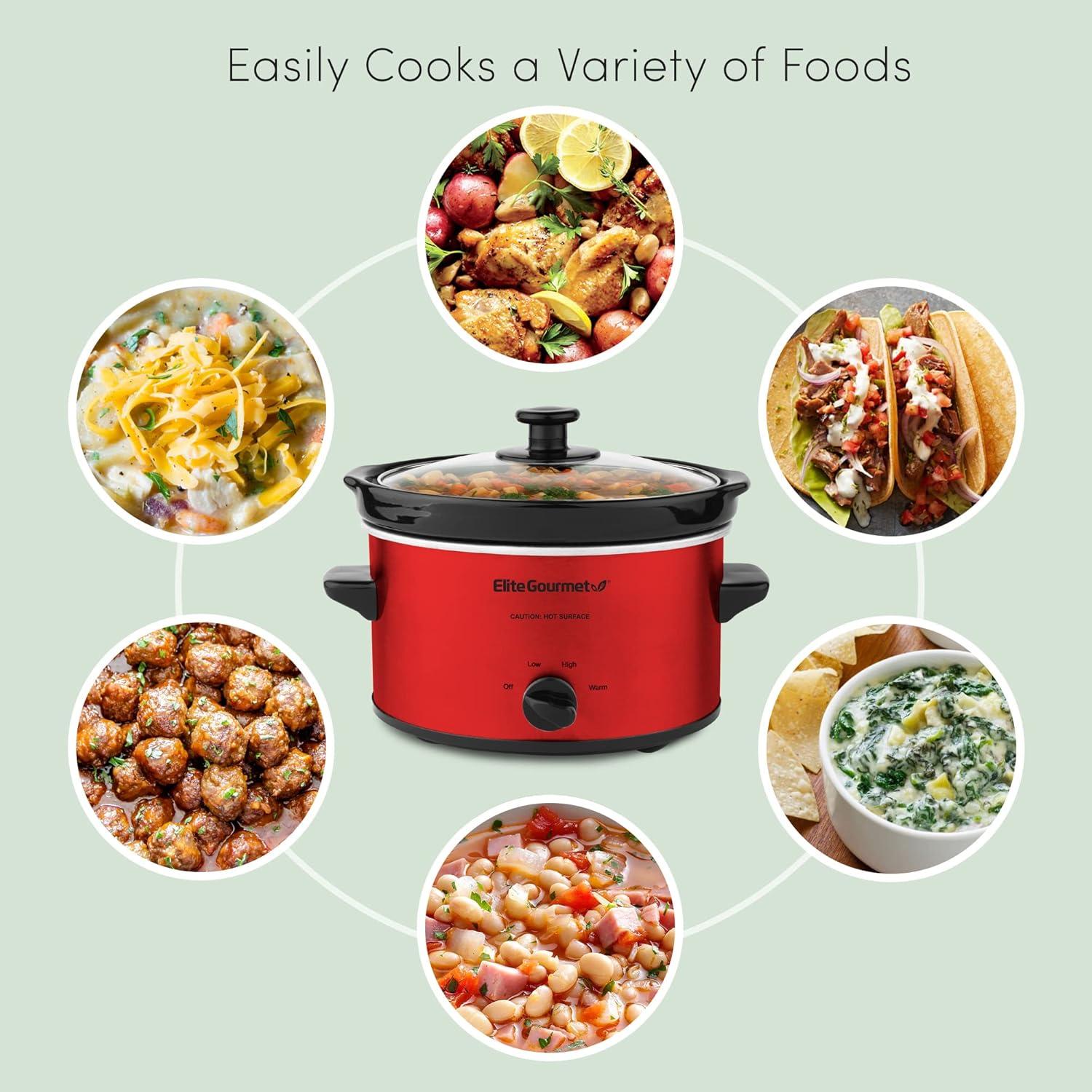 imageElite Gourmet MST350B Electric Slow Cooker Adjustable Temp Entrees Sauces Stews ampamp Dips Dishwasher Safe Glass Lid ampamp Crock 3 Quart BlackMetallic Red