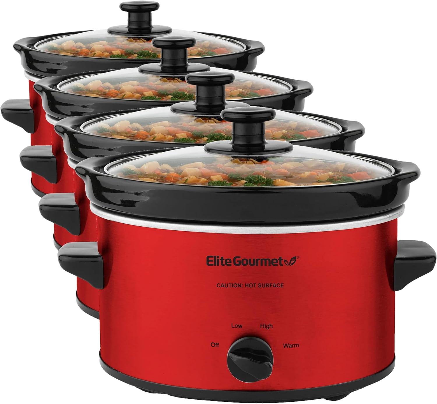 imageElite Gourmet MST350B Electric Slow Cooker Adjustable Temp Entrees Sauces Stews ampamp Dips Dishwasher Safe Glass Lid ampamp Crock 3 Quart BlackMetallic Red