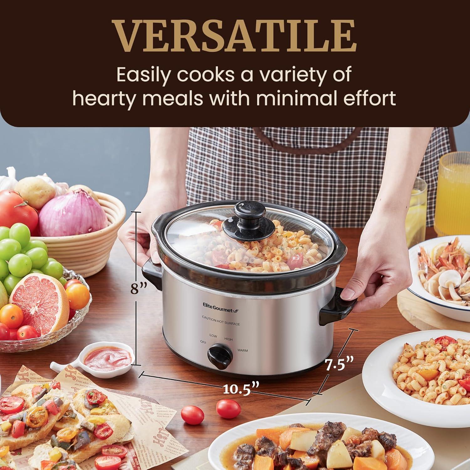 imageElite Gourmet MST350B Electric Slow Cooker Adjustable Temp Entrees Sauces Stews ampamp Dips Dishwasher Safe Glass Lid ampamp Crock 3 Quart BlackStainless Steel