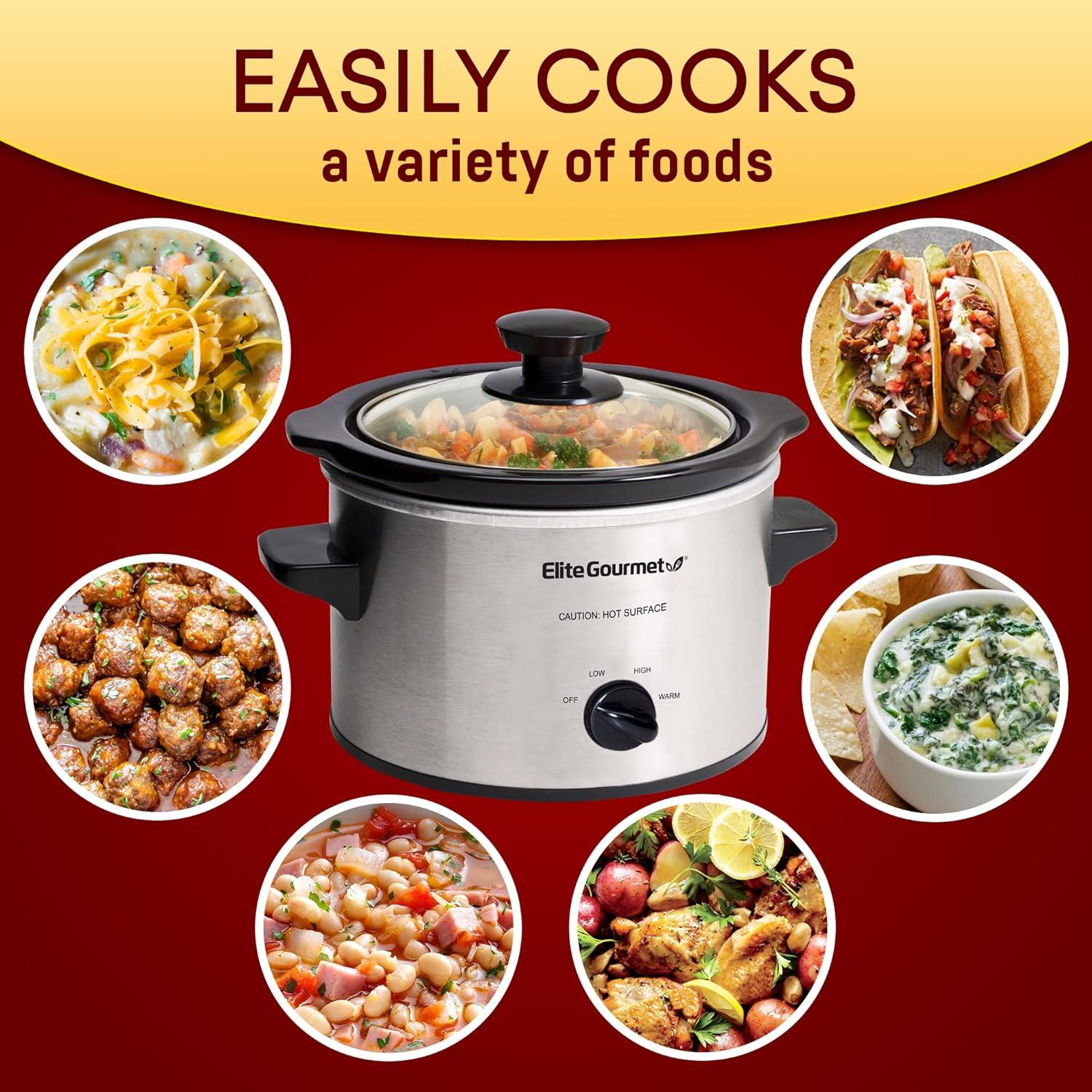 imageElite Gourmet MST350B Electric Slow Cooker Adjustable Temp Entrees Sauces Stews ampamp Dips Dishwasher Safe Glass Lid ampamp Crock 3 Quart BlackStainless Steel