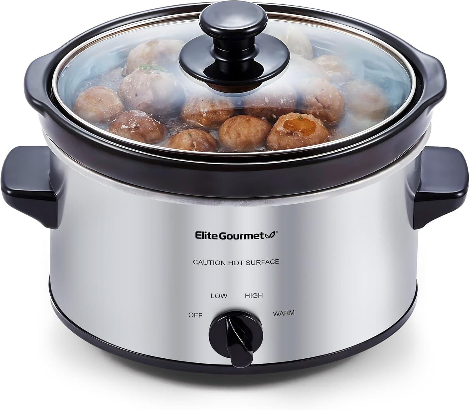imageElite Gourmet MST350B Electric Slow Cooker Adjustable Temp Entrees Sauces Stews ampamp Dips Dishwasher Safe Glass Lid ampamp Crock 3 Quart BlackStainless Steel