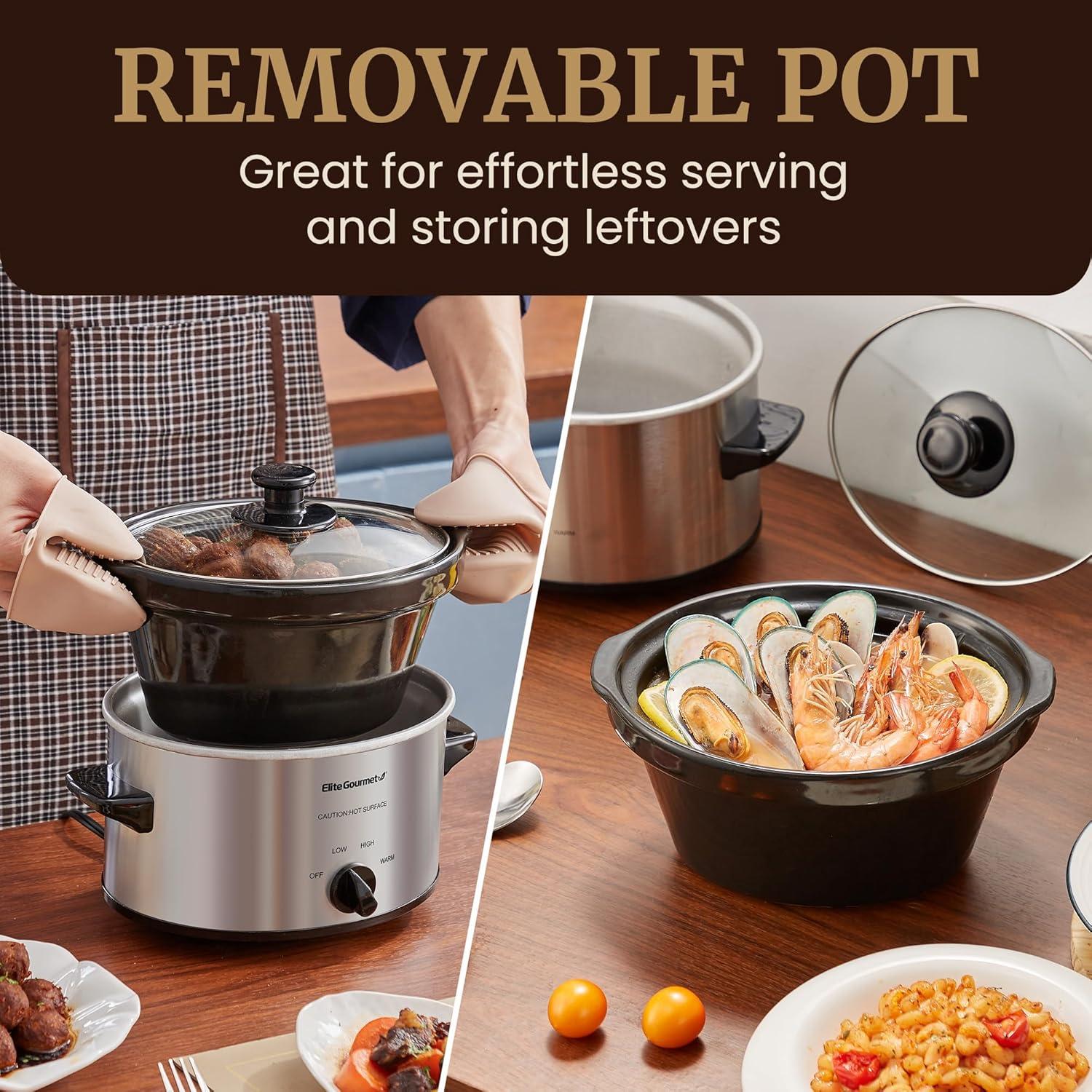 imageElite Gourmet MST350B Electric Slow Cooker Adjustable Temp Entrees Sauces Stews ampamp Dips Dishwasher Safe Glass Lid ampamp Crock 3 Quart BlackStainless Steel