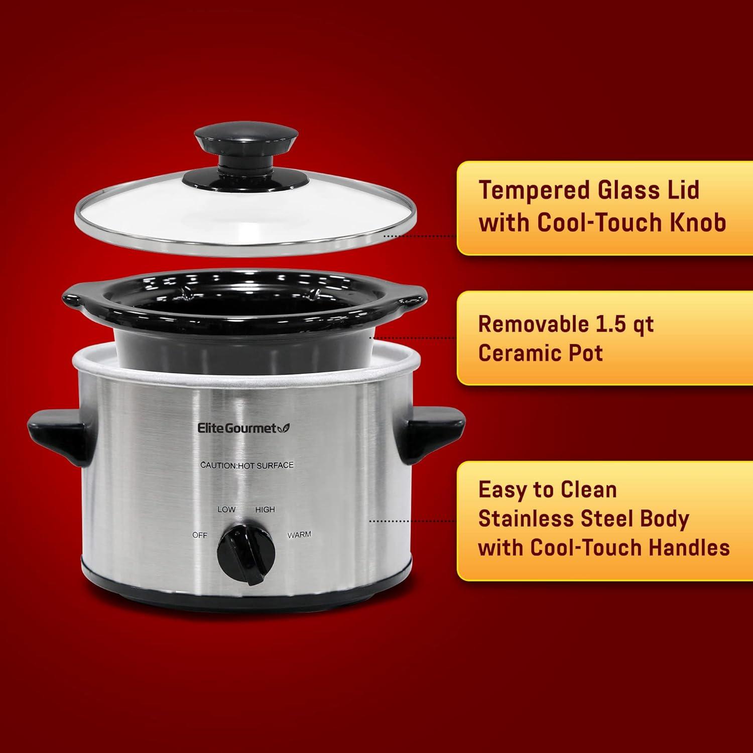 imageElite Gourmet MST350B Electric Slow Cooker Adjustable Temp Entrees Sauces Stews ampamp Dips Dishwasher Safe Glass Lid ampamp Crock 3 Quart BlackStainless Steel