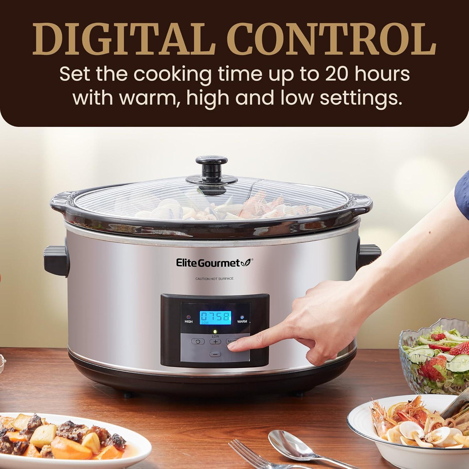 imageElite Gourmet MST900D 85Qt Digital Programmable XL Jumbo Slow Cooker Adjustable Temp Entrees Sauces Stews ampamp Dips Dishwasher Safe Glass Lid ampamp Crock Stainless SteelStainless SteelBlack