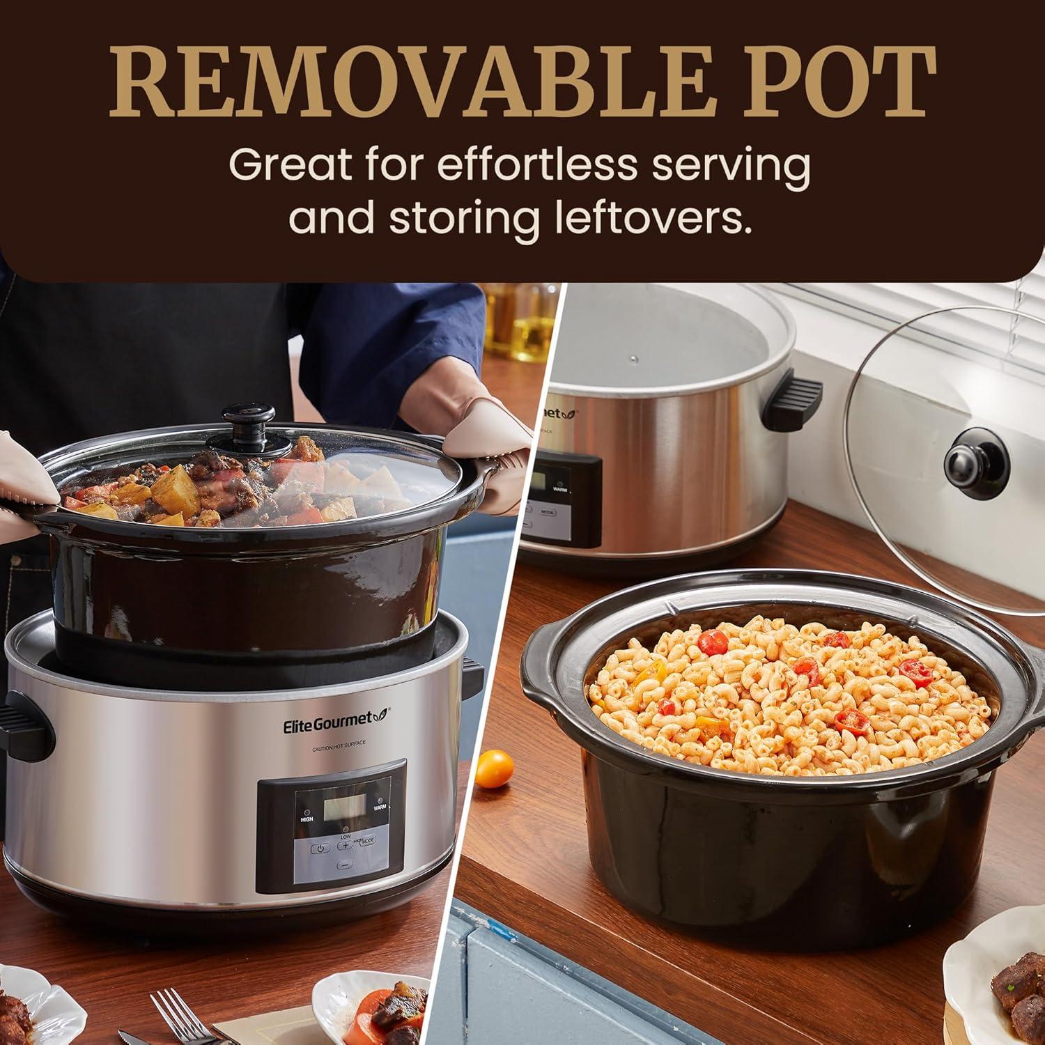 imageElite Gourmet MST900D 85Qt Digital Programmable XL Jumbo Slow Cooker Adjustable Temp Entrees Sauces Stews ampamp Dips Dishwasher Safe Glass Lid ampamp Crock Stainless SteelStainless SteelBlack