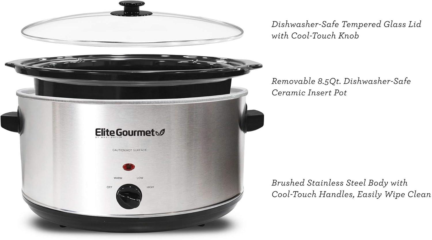 imageElite Gourmet MST900D 85Qt Digital Programmable XL Jumbo Slow Cooker Adjustable Temp Entrees Sauces Stews ampamp Dips Dishwasher Safe Glass Lid ampamp Crock Stainless SteelStainless Steel