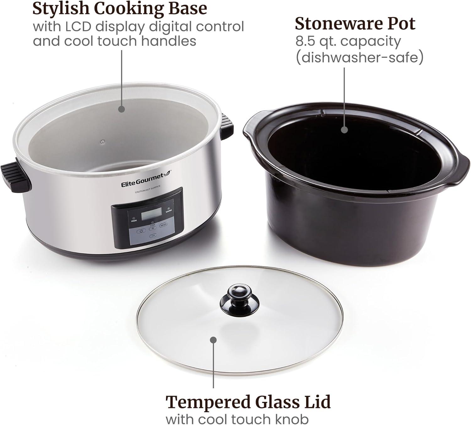 imageElite Gourmet MST900D 85Qt Digital Programmable XL Jumbo Slow Cooker Adjustable Temp Entrees Sauces Stews ampamp Dips Dishwasher Safe Glass Lid ampamp Crock Stainless SteelStainless SteelBlack