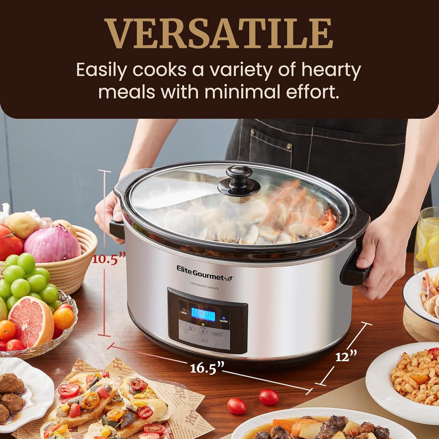 imageElite Gourmet MST900D 85Qt Digital Programmable XL Jumbo Slow Cooker Adjustable Temp Entrees Sauces Stews ampamp Dips Dishwasher Safe Glass Lid ampamp Crock Stainless SteelStainless SteelBlack