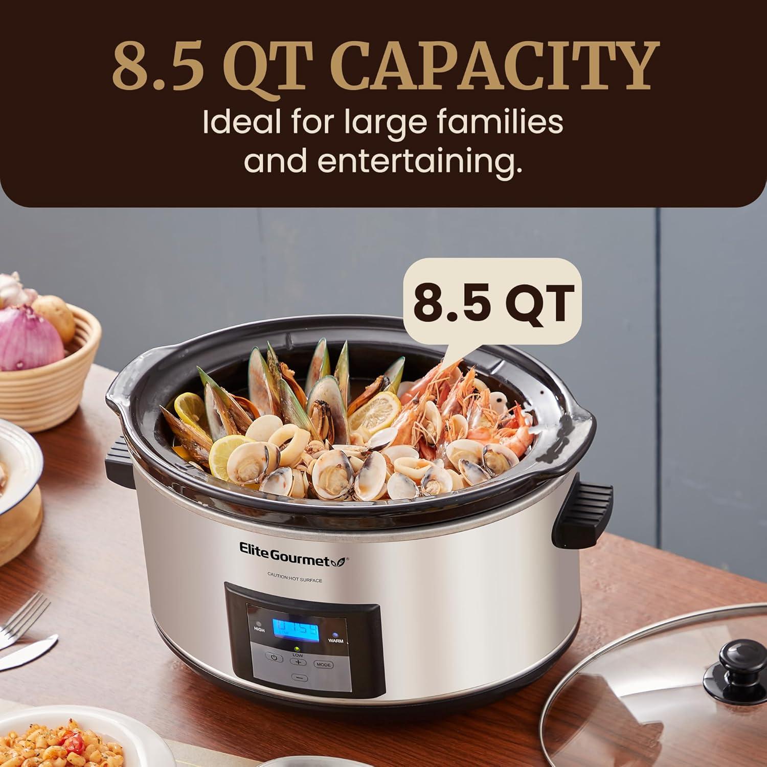 imageElite Gourmet MST900D 85Qt Digital Programmable XL Jumbo Slow Cooker Adjustable Temp Entrees Sauces Stews ampamp Dips Dishwasher Safe Glass Lid ampamp Crock Stainless SteelStainless SteelBlack