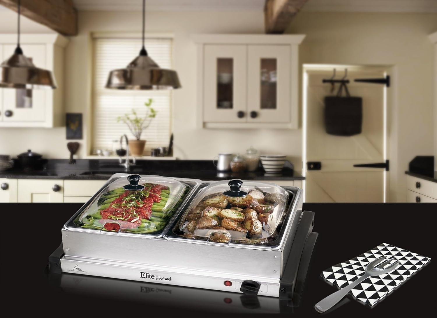 imageMaxiMatic Dual Buffet Server Food Warmer Adjustable Temp For Parties ampamp Holidays 25 Quart Stainless SteelStainless Steel