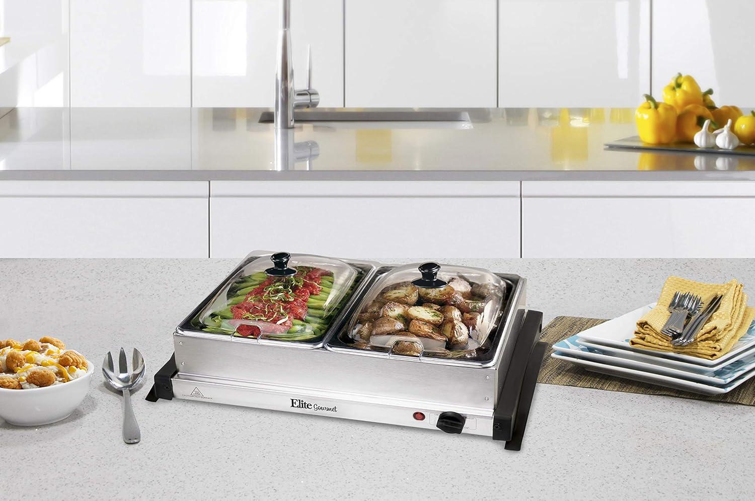 imageMaxiMatic Dual Buffet Server Food Warmer Adjustable Temp For Parties ampamp Holidays 25 Quart Stainless SteelStainless Steel