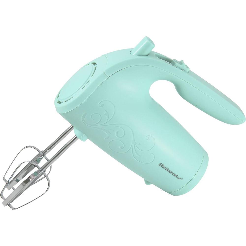 imageElite Gourmet EHM003M MaxiMatic Ultra Power Electric 5Speed Kitchen Hand Mixer with 2 Extra Wide Stainless Steel Smooth Creamy Whipped Mixtures Plus Convenient Beater Storage Mint BlueMint