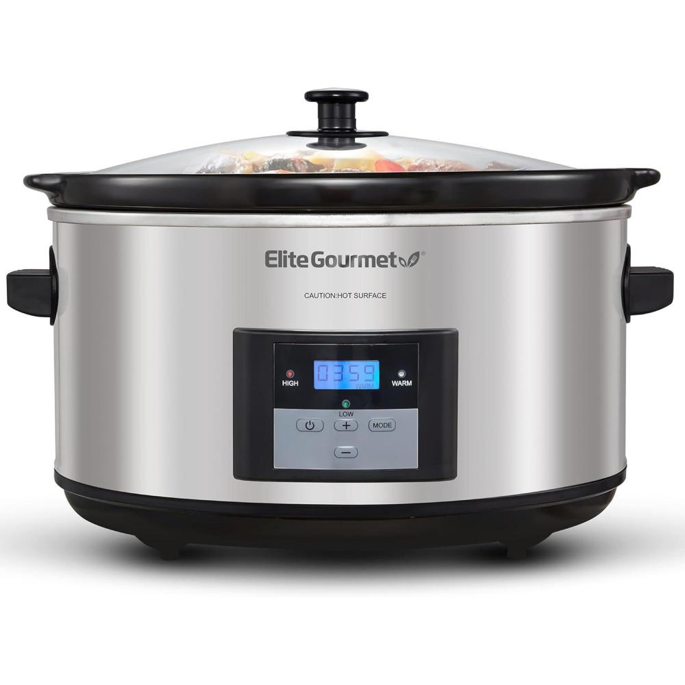 imageElite Gourmet MST900D 85Qt Digital Programmable XL Jumbo Slow Cooker Adjustable Temp Entrees Sauces Stews ampamp Dips Dishwasher Safe Glass Lid ampamp Crock Stainless SteelStainless SteelBlack