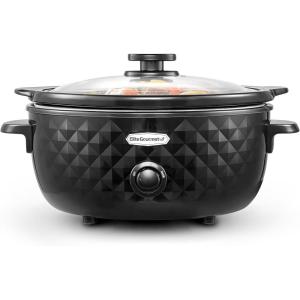 imageElite Gourmet Diamond Pattern Slow Cooker Removable DishwasherSafe Stoneware Pot with Tempered Glass Lid CoolTouch Handles 6 Quart Charcoal BlackCharcoal Black