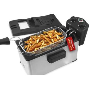 imageElite Gourmet EDF1607 800Watt Mesh Basket 16 Quart  65 Cup Oil Capacity Electric Immersion Deep Fryer with Temperature Knob and Lid with View Window stainless steel35 Quart  14 Cup