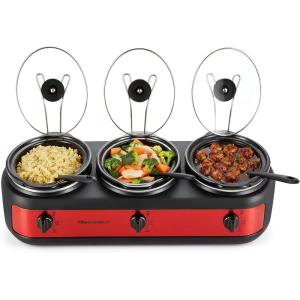 imageElite Gourmet EWMST325R MaxiMatic Triple Slow Cooker Buffet Server Adjustable Temp DishwasherSafe Oval Ceramic Pots Lid Rests 3 x 25 Qt Capacity RedRed