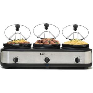 imageElite Gourmet EWMST325R MaxiMatic Triple Slow Cooker Buffet Server Adjustable Temp DishwasherSafe Oval Ceramic Pots Lid Rests 3 x 25 Qt Capacity RedStainless Steel