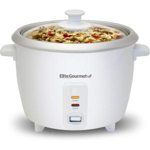 imageElite Gourmet Elite Cuisine ERC006 Electric Rice Cooker with Automatic Keep Warm Makes Soups Stews Grains Hot Cereals White 6 Cups Cooked 3 Cups UncookedWhite