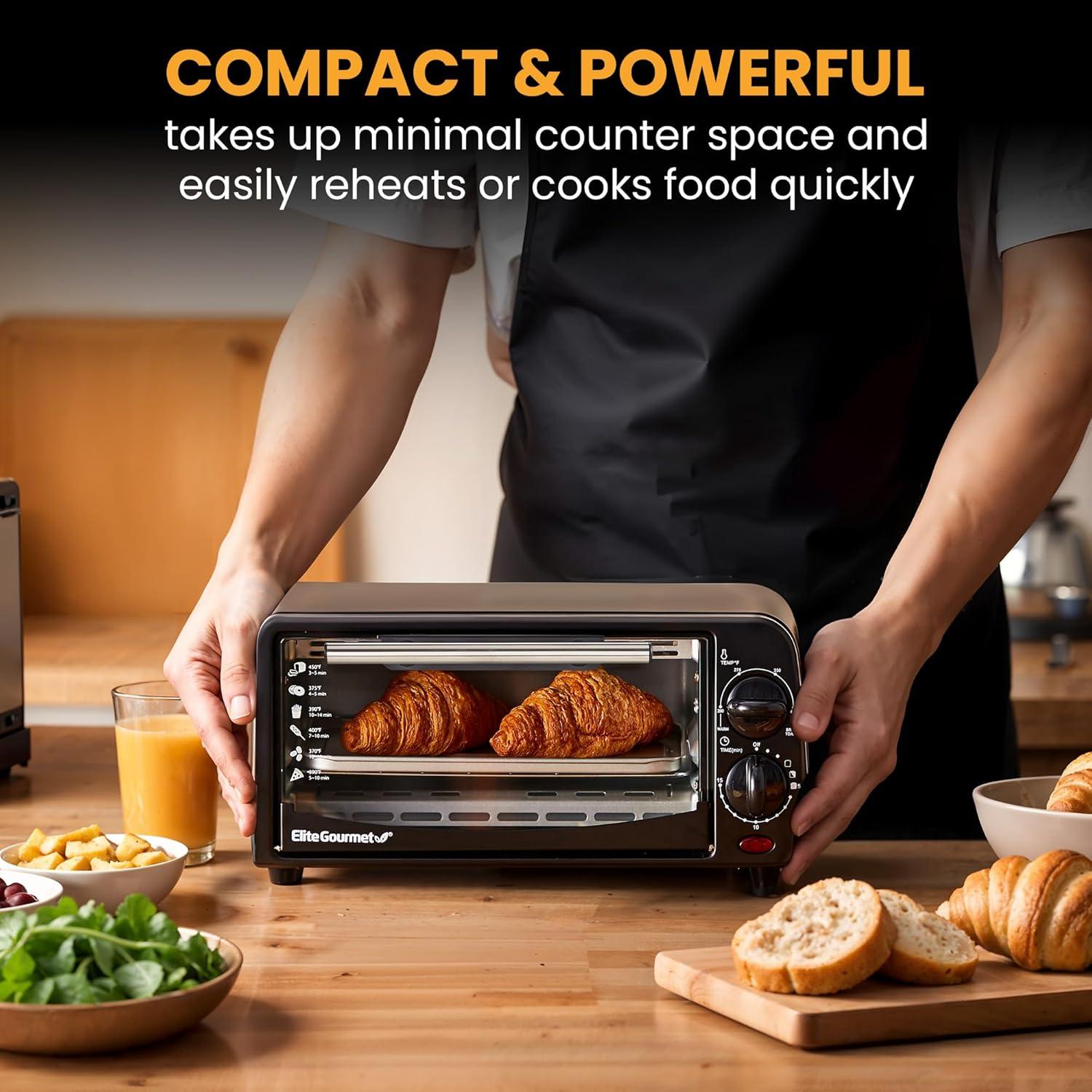 imageElite Gourmet ETO490 9L4 Slice Countertop Toaster Oven with 30Minute Timer Adjustable Temperature Control Includes Baking Pan and Wire Rack Bake Broil Toast Black2 Slice