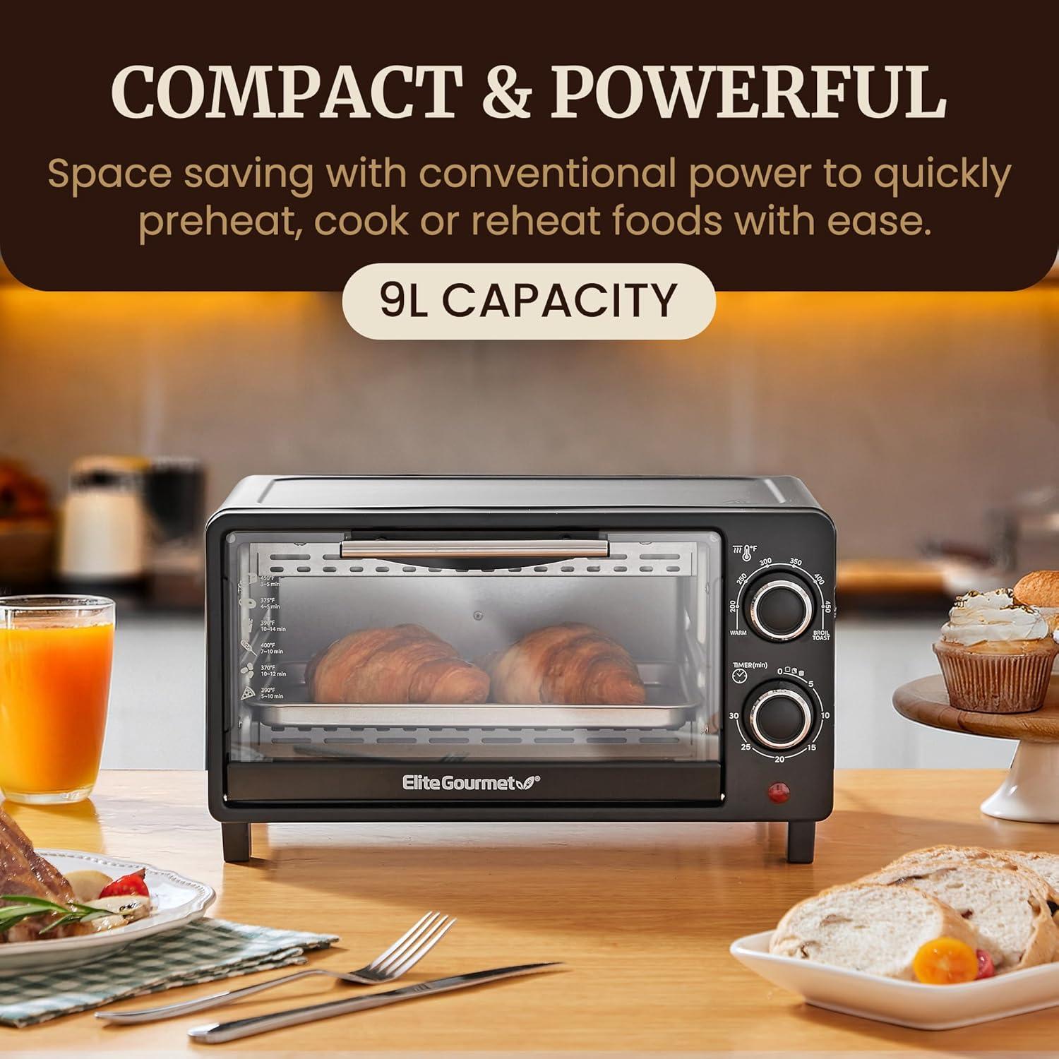imageElite Gourmet ETO490 9L4 Slice Countertop Toaster Oven with 30Minute Timer Adjustable Temperature Control Includes Baking Pan and Wire Rack Bake Broil Toast Black4 Slice