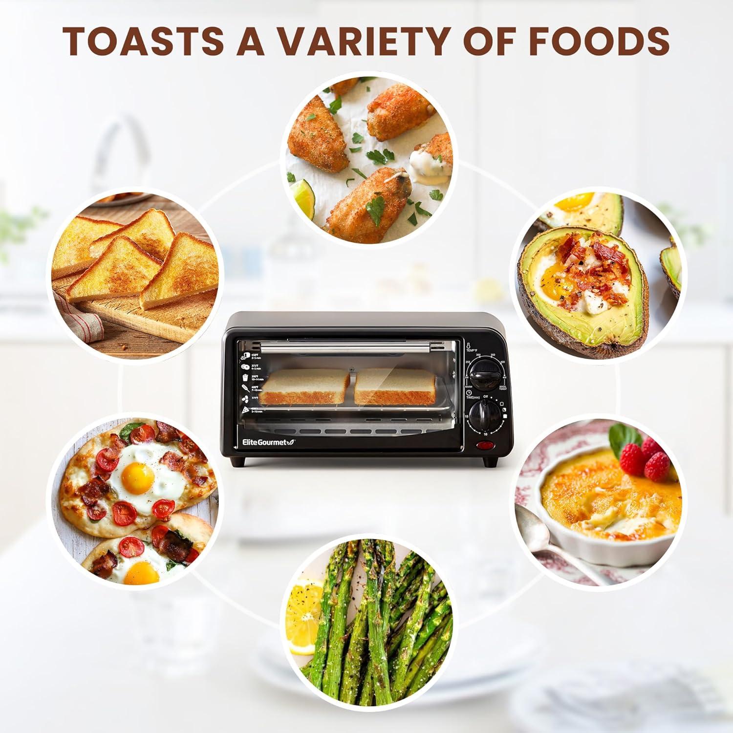 imageElite Gourmet ETO490 9L4 Slice Countertop Toaster Oven with 30Minute Timer Adjustable Temperature Control Includes Baking Pan and Wire Rack Bake Broil Toast Black2 Slice