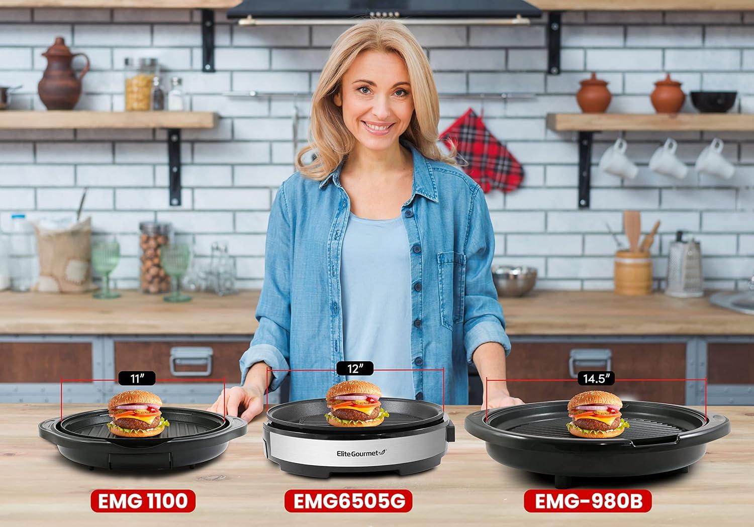 imageElite Gourmet EMG6505G Smokeless Indoor Electric BBQ Grill with Glass Lid Dishwasher Safe Nonstick Adjustable Temperature Fast Heat Up LowFat Meals Easy to Clean Design Stainless SteelStainless Steel