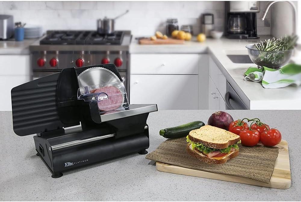imageElite Gourmet EMT625B Ultimate Precision Electric Deli Food Meat Slicer Removable Stainless Steel Blade Adjustable Thickness Ideal for Cold Cuts Hard Cheese Vegetables ampamp Bread 75 BlackBlack