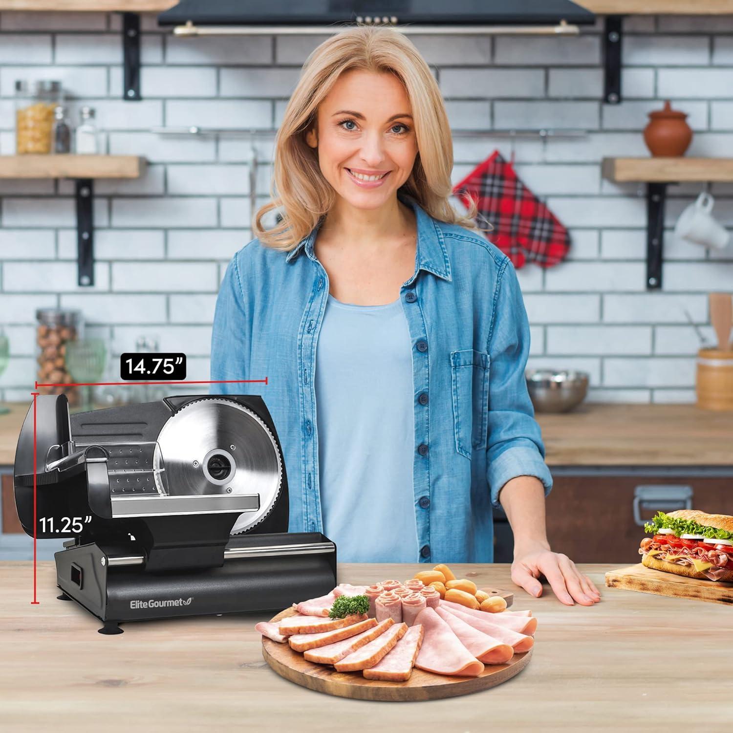 imageElite Gourmet EMT625B Ultimate Precision Electric Deli Food Meat Slicer Removable Stainless Steel Blade Adjustable Thickness Ideal for Cold Cuts Hard Cheese Vegetables ampamp Bread 75 BlackStainless Steel  Black