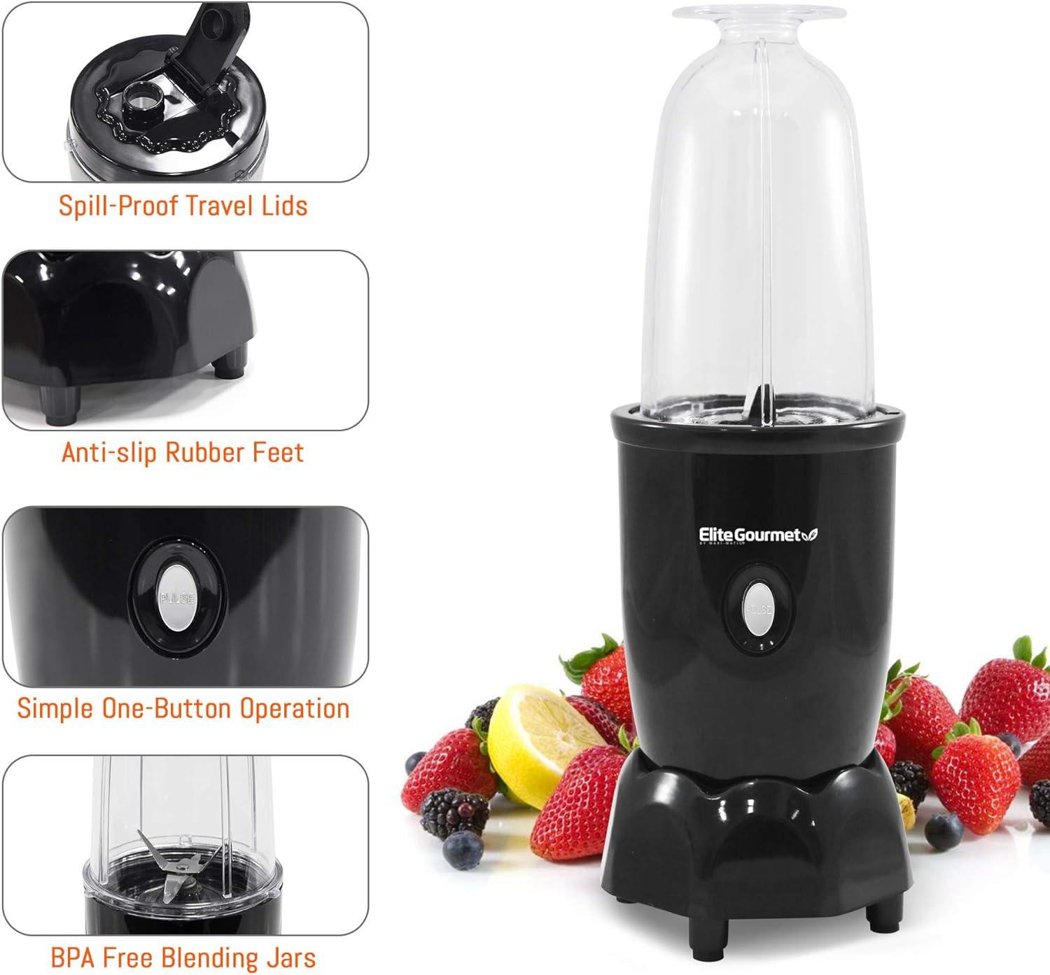 imageElite Gourmet EPB1800A 17Piece Personal Drink Mixer Blender Sports Blender 16 Oz capacity Includes Chopping and Blending Blade Drink Lids and Extra CupsNew Version