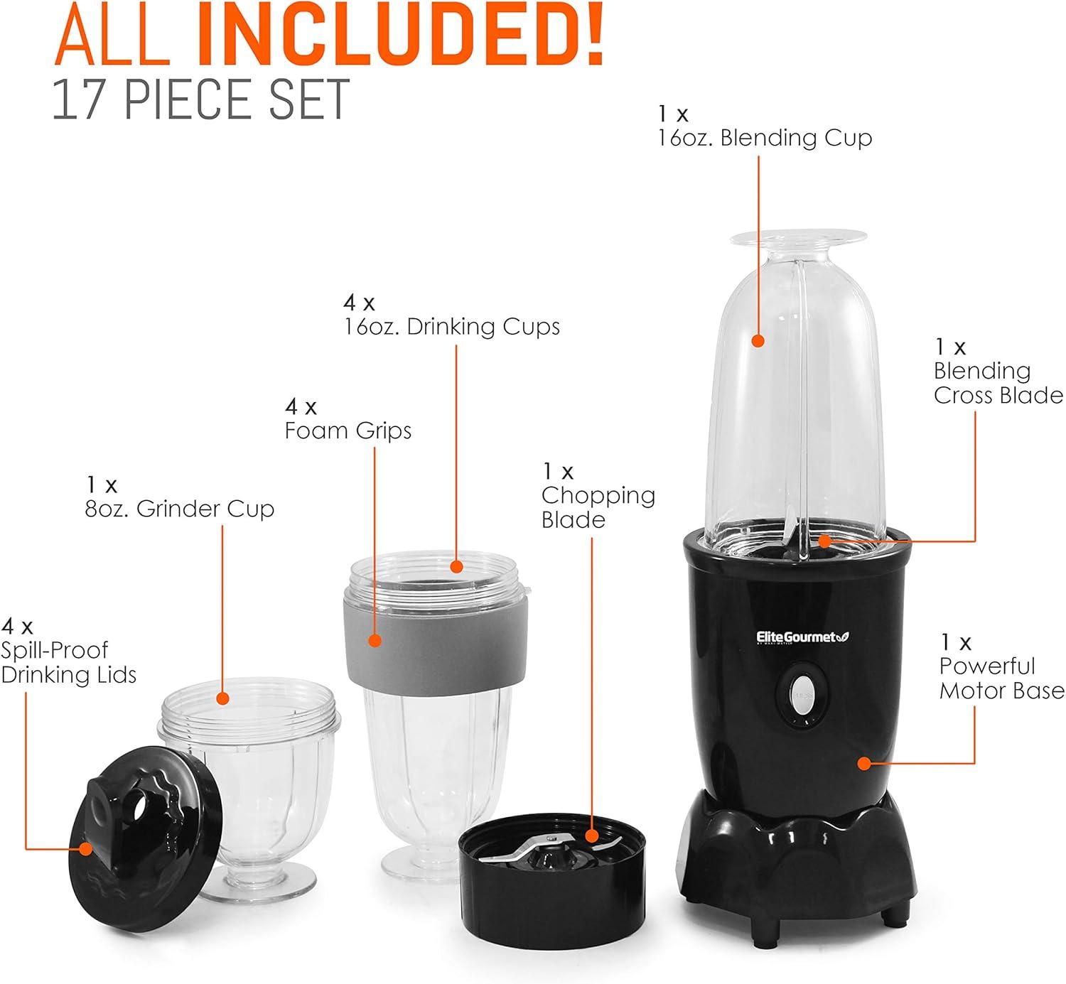 imageElite Gourmet EPB1800A 17Piece Personal Drink Mixer Blender Sports Blender 16 Oz capacity Includes Chopping and Blending Blade Drink Lids and Extra CupsNew Version